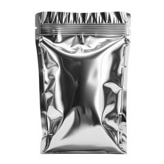 A shiny silver foil pouch on a black background