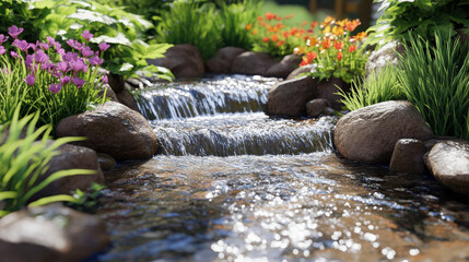 Cascading waterfall over rocks surrounded by lush greenery