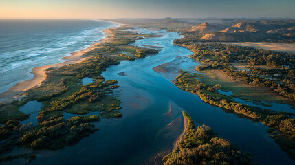 Estuary with tidal channels from aerial view, river meeting sea with meandering waterways, wetland ecosystem, reflective water surfaces, coastal  