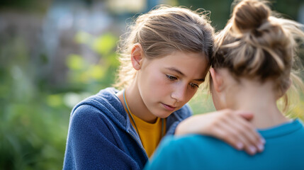 Faceless teenage girl comforting upset friend heavily defocused background anonymous youth providing emotional support adolescent care and empathy peer bonding moment with