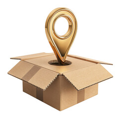 A gold location pin emerges from a cardboard box on a black background