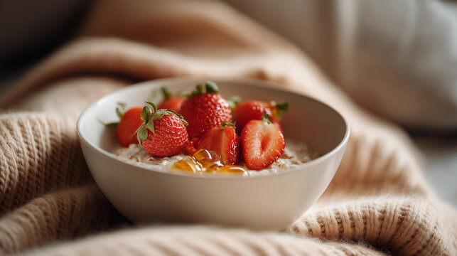Cozy bowl of steaming oatmeal topped with fresh strawberries and honey heavily defocused warm blanket background nestled in comfortable setting perfect for comforting breakfast - Powered by Adobe