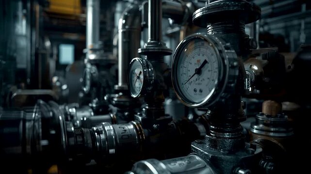 Industrial pressure gauges and metal piping inside factory plant showcasing mechanical systems process control and heavy engineering operations