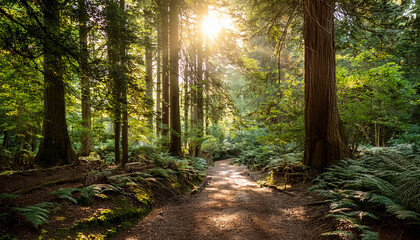 Obraz premium Sunlight Beams Through Dense Green Forest Trees Creating Peaceful Natural Path