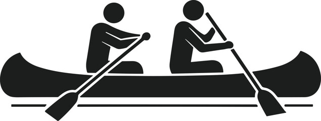 Black silhouette of two people rowing canoe boat with paddles teamwork sport icon design, cad drawing flat vector illustration © AtikurRahman