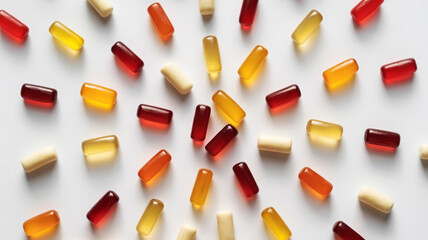 An appealing arrangement of vibrant, multi-colored vitamin and dietary supplement capsules scattered on a pristine white background, symbolizing daily health, essential nutrition, and wellness support