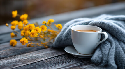 Comforting hot drink in white cup wrapped in cozy grey scarf heavily defocused background touch of yellow flowers capturing warmth essence of chilly day comfort with copy space