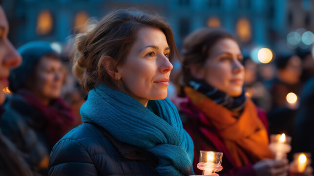 Faceless reflective group of women at twilight candlelight vigil heavily defocused background anonymous gathering symbolizing unity and support collective comfort and - Powered by Adobe
