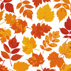 Obraz premium Autumnal leaf pattern with various hues of orange and red leaves on a light beige background. Repeating design of autumn foliage.