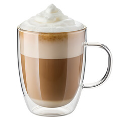 A frothy cappuccino coffee drink in a clear glass mug with a handle topped with whipped cream isolated on a transparent background