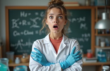Young woman in lab coat and gloves looks surprised near chalkboard with formulas. She is in laboratory conducting experiment possibly for science education or research project.