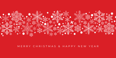 White and red seamless snowflake border, Christmas design for greeting card. Vector illustration, merry xmas snow flake header or banner, wallpaper or backdrop decor