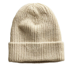 A cream-colored knit beanie on a black background
