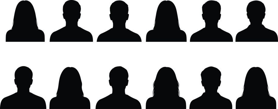 Collection of black silhouettes of diverse human head and shoulder profiles isolated on white background for social media user icons.
