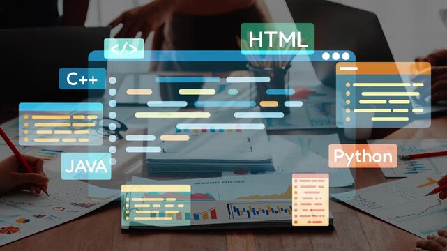 A collaborative setting featuring diverse individuals engaged in coding with languages like HTML, , C, and , surrounded by charts and digital devices. Raster