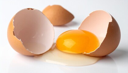 Broken egg with yolk and white on reflective surface