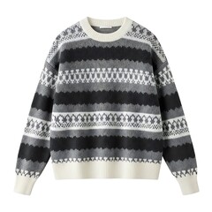 Men's Grey Striped Knit Sweater with Geometric Pattern