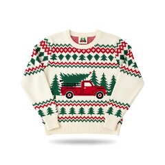 Christmas Sweater with Red Truck and Christmas Tree Design
