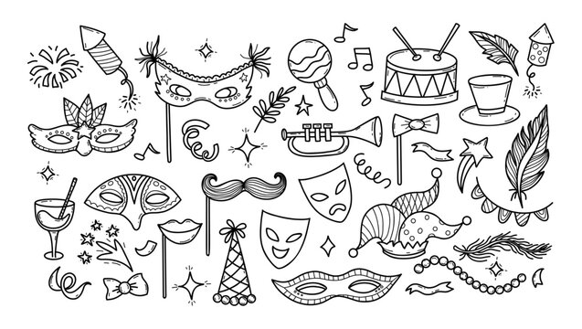 Outline Carnival Doodles. Theatrical, Festive, Party and Masquerade masks, jester hats, musical instruments, feathers with fireworks. Isolated Vector festival Celebration Hand drawing scribble Not AI