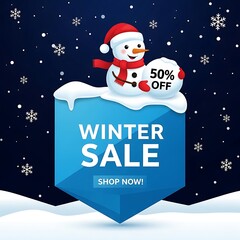 Winter Sale Snowman with 50% Off and Shop Now Button