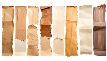 Assorted ripped aged paper strips, varying shades, textured & wrinkled