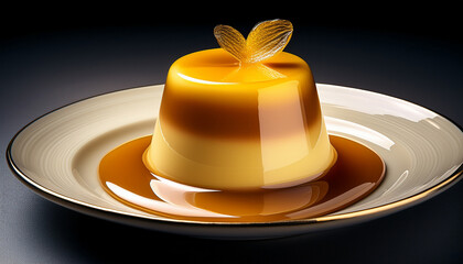 Smooth And Shiny Custard Pudding With Glossy Glaze On Plate