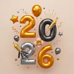 New Year 2026 Balloons with Rockets, Stars and Gifts