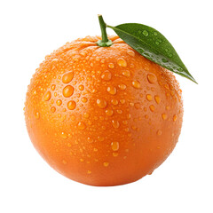 Fresh juicy orange fruit with water droplets and green leaf isolated on a transparent background