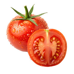 Fresh red tomato with green stem and water droplets cut in half showing juicy interior isolated on a transparent background
