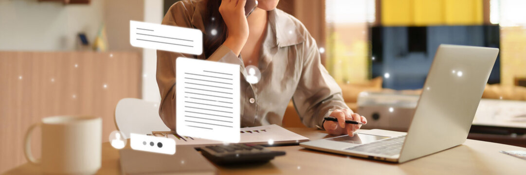 Asian adult woman working laptop phone call digital communication chat icons remote business analytics project management online office strategy - Powered by Adobe