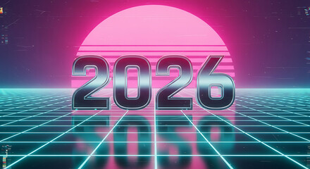 Vibrant Retro-futuristic Display of the Year 2026 with Neon Grid and Synthwave Aesthetics