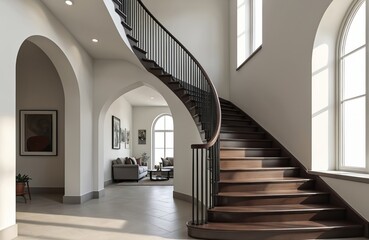 Obraz premium Elegant foyer with curving staircase and arched entryway, featuring hardwood steps and metal railing. Bright natural light streams through large windows into the spacious interior.