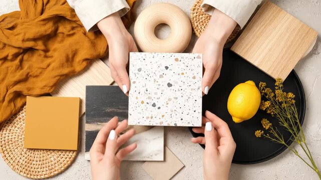 Hands Holding Terrazzo Tile Sample Over Interior Mood Board
