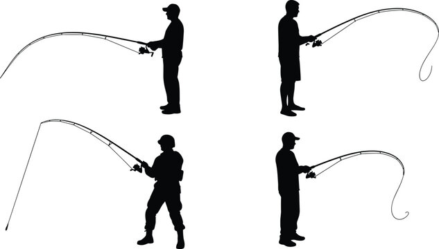 Collection of black silhouettes of fishermen standing with rods and catching fish isolated on white background for outdoor recreational sport.