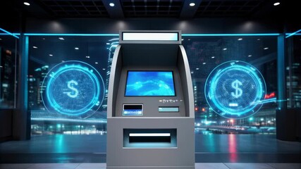 Automated teller machine with digital currency symbols glowing blue holograms in futuristic cityscape technology finance screen urban setting concept - Powered by Adobe