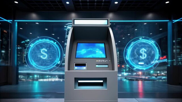 Automated teller machine with digital currency symbols glowing blue holograms in futuristic cityscape technology finance screen urban setting concept