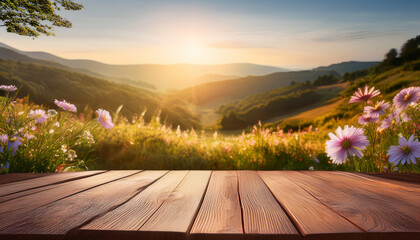 Wooden Tabletop With Summer Flowers And Sunlit Landscape