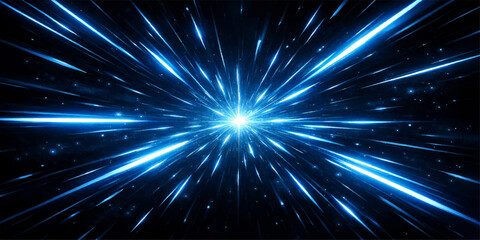 An abstract blue space background features a bright star burst and glowing energy rays illuminating a shiny galaxy design with sparkles and laser lights across the night sky illustration © Md