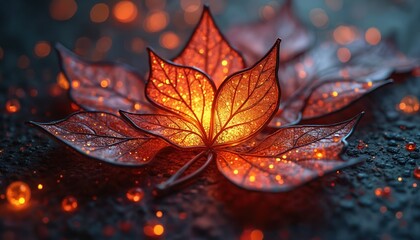 Close up shot of abstract glowing fiery leaf pattern. Intricate veins detail on organic shapes with warm orange red hues. Scattered bright sparks create magical atmosphere. Dark background contrasts