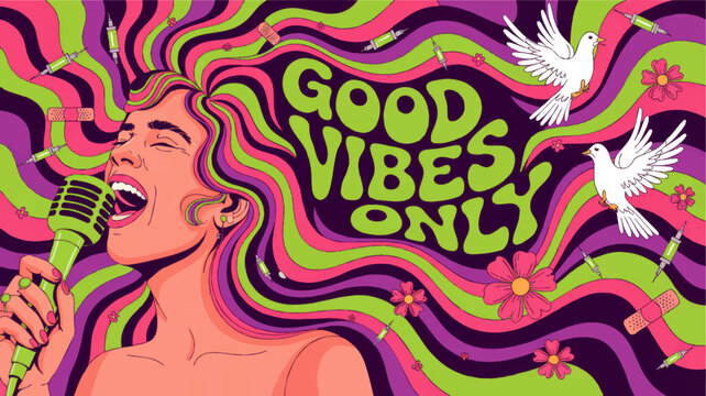 Psychedelic pop art girl singing with microphone, Good Vibes Only text, colorful retro waves, doves, flowers and medical vaccine icons - Powered by Adobe
