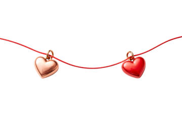 Two heart shaped pendants hanging on red string against white background isolated on transparent background