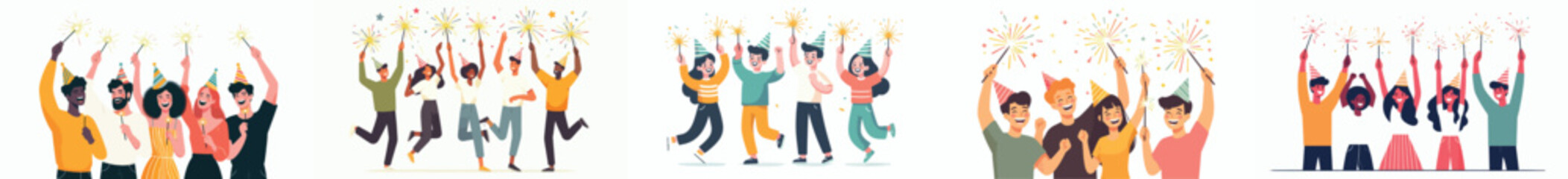 vector of friends playing with small fireworks (sparkle) celebrating new year