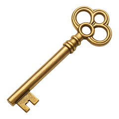 Highly detailed vintage golden key with ornate bow and classic bit isolated on a transparent background