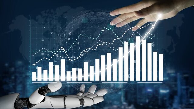 A human hand reaches out to a robotic hand, symbolizing cooperation between humans and machines in a data-driven world with rising economic statistics. Copula