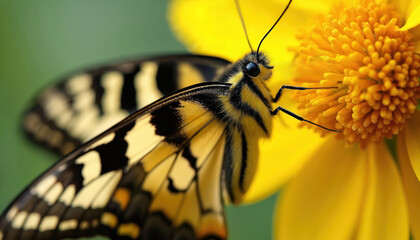 Eastern tiger swallowtail butterfly with yellow black wings feeds on nectar from yellow flower. Insect visits bloom, probes pistil with proboscis, collects sweet liquid. Macro shot shows detailed