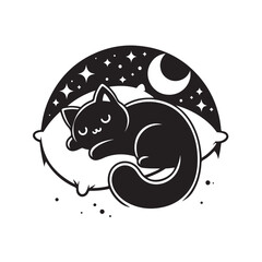 Obraz premium PrintSleeping cat logo with moon and stars vector illustration