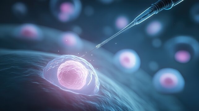 Microscopic view of in vitro fertilization process with needle injecting egg
