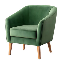Green velvet fabric armchair with wooden legs and curved backrest isolated on a transparent background