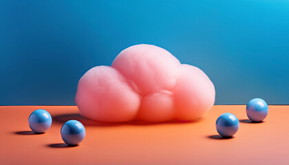 Playful Composition With A Pink Puffy Cloud Shape Resting On An Orange Platform Accompanied By Four Glossy Blue Spheres Against A Divided Orange And Blue Background