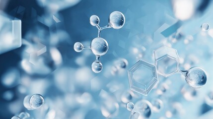 Abstract blue chemical molecular structures and hexagonal bonds floating